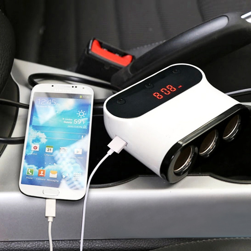 Car Charger 2 USB Port dengan 3 Socket Cigarette Plug 