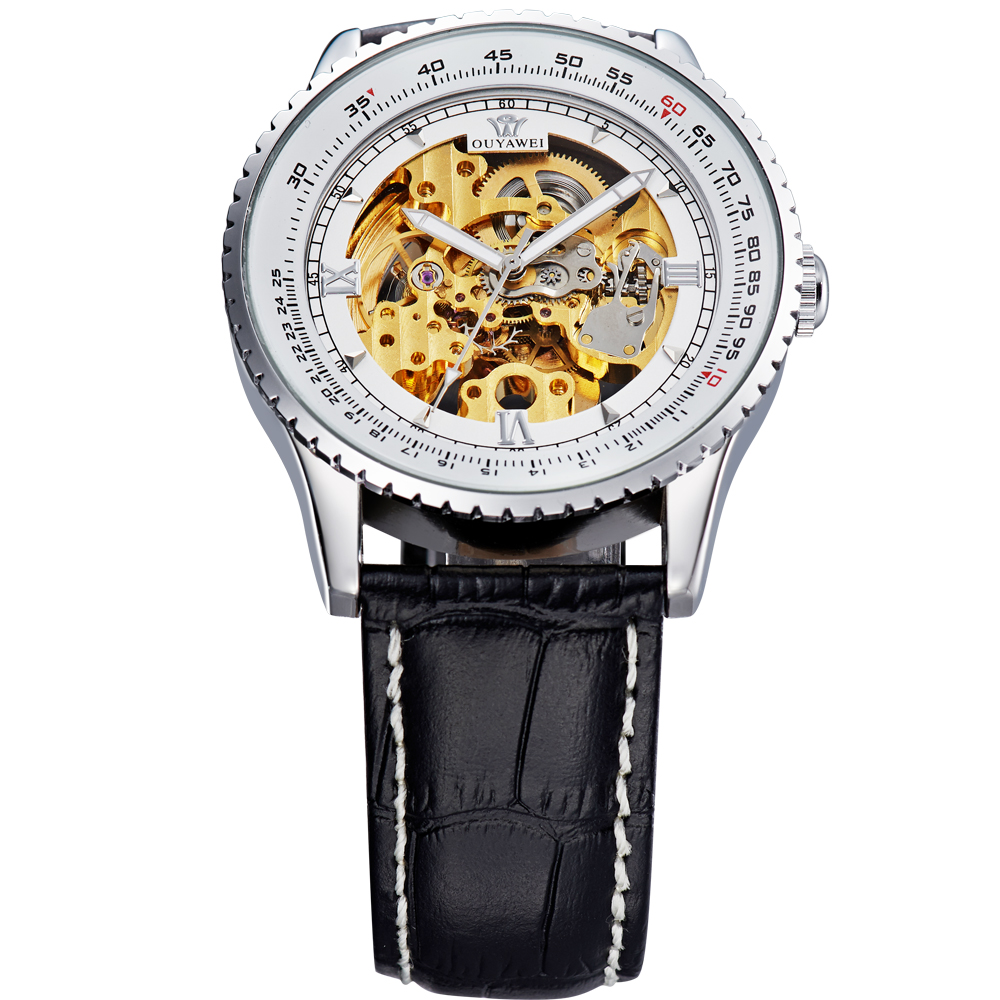 Ouyawei Skeleton Leather Strap Automatic Mechanical Watch 