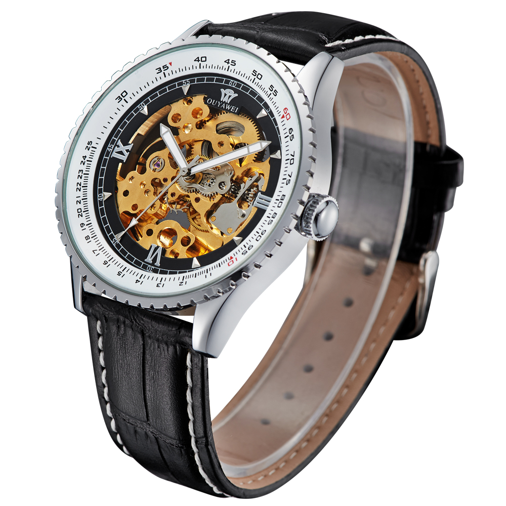 Ouyawei Skeleton Leather Strap Automatic Mechanical Watch 