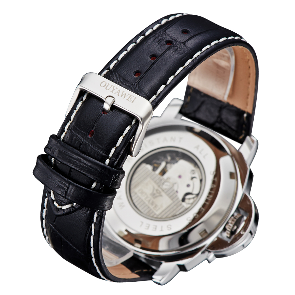 Ouyawei Skeleton Leather Strap Automatic Mechanical Watch 