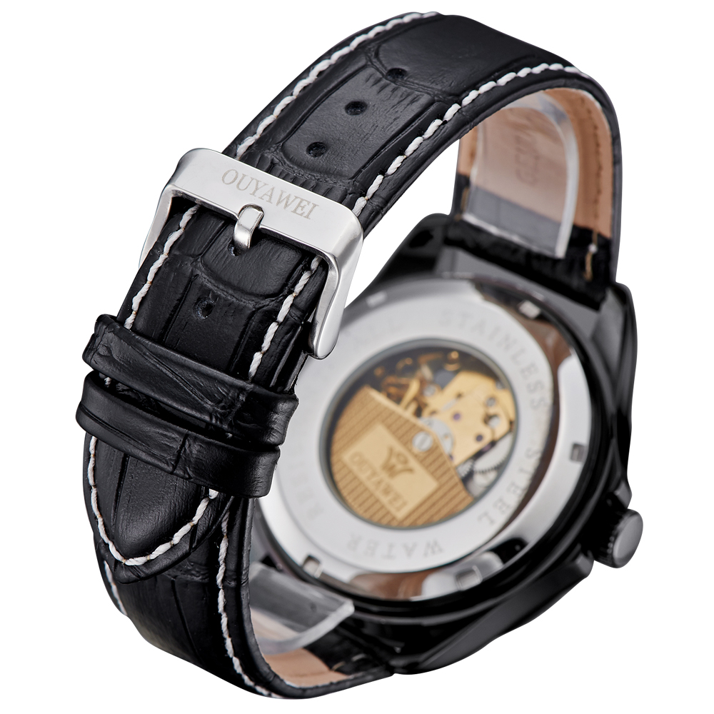 Ouyawei Skeleton Leather Strap Automatic Mechanical Watch 