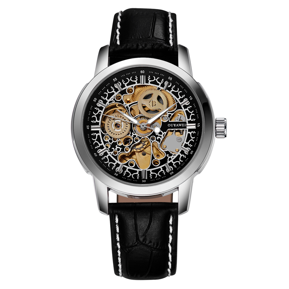 Ouyawei Skeleton Leather Strap Automatic Mechanical Watch 