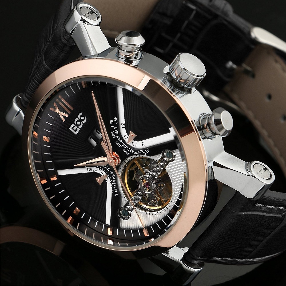 ESS Luxury Men Leather Strap Automatic Mechanical Watch 