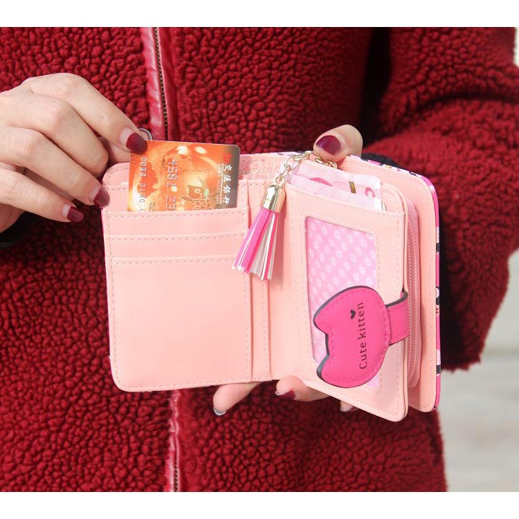 Cute Kitten Dompet Tassel Wanita Motif Kucing Pink 