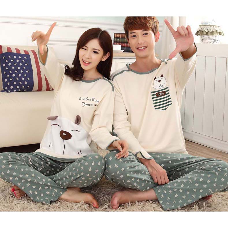  Piyama Couple  Wanita Model Cute Dog Size M Green 