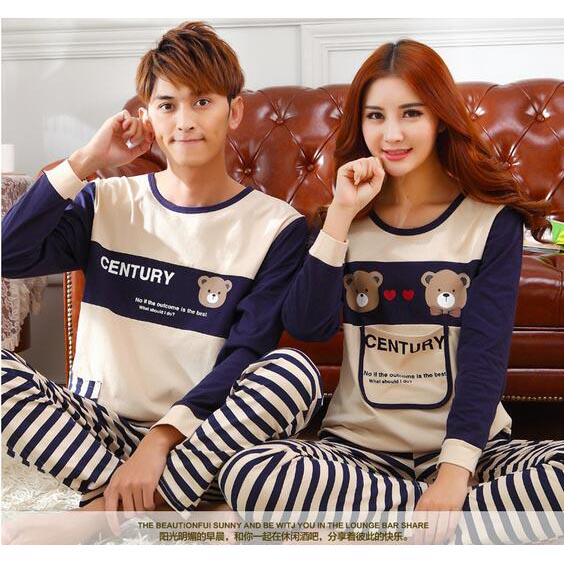  Piyama Couple  Wanita Model Beruang Garis Size S Cream 