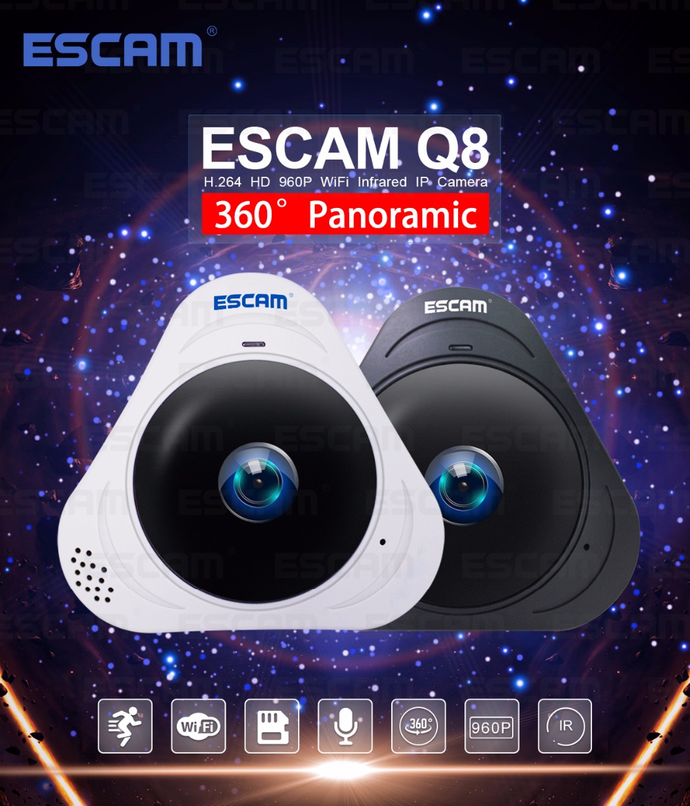 ESCAM Q8 Panoramic IP Camera CCTV CMOS 960P - White 