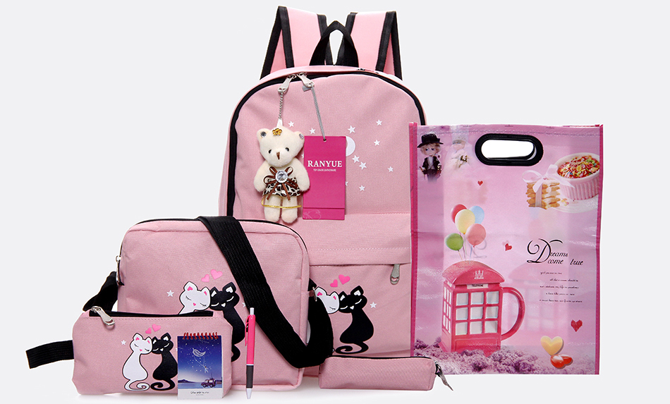 Paket Tas  Ransel Anak 8 in 1 Sekolah Printing Kucing 